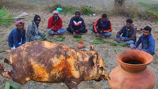Indian tribe people cooking pig | palm tree juice drink with pork recipe #porkrecipe #pigcurry