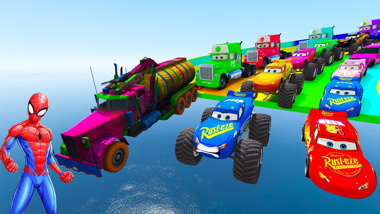 🚗 Spider-Man Mega Ramp Stunt Race – McQueen vs Mack Truck | GTA 5 Mods Impossible Challenge