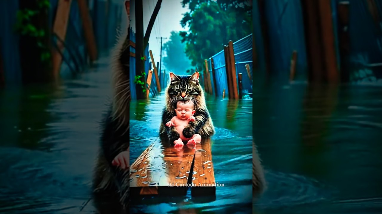 The Child Starts Drowning in the Water but the cat Save him 