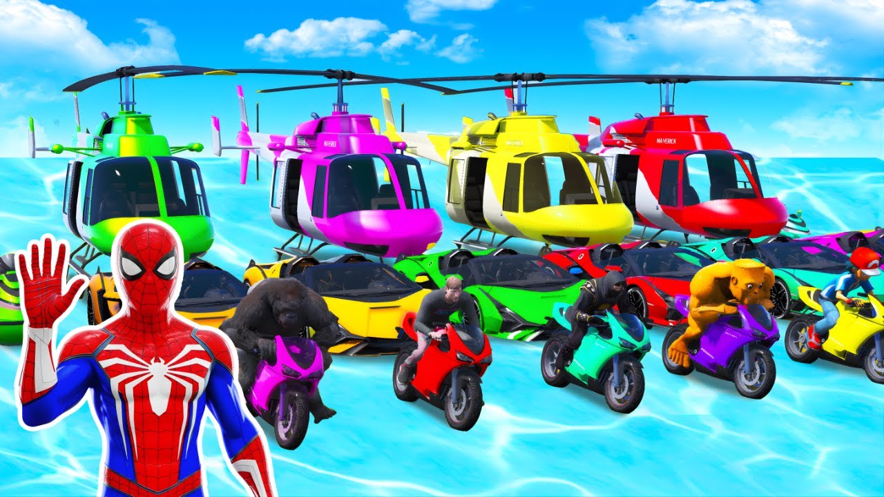 GTA 5 SPIDER-MAN vs Superhero Crazy Race Challenge with Super Cars, Bikes, Helicopters & Boats