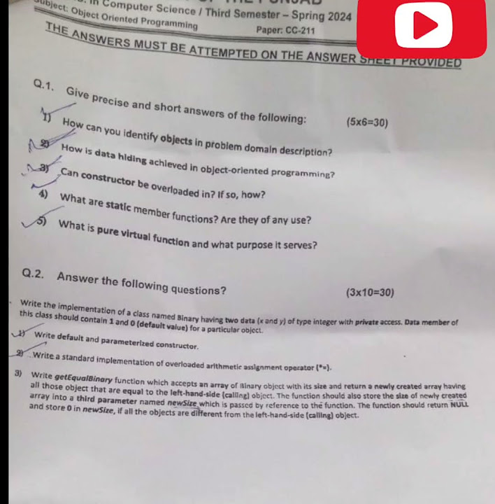 CC-211 | Object Oriented Programming | OOP | 2024 paper - YouTube