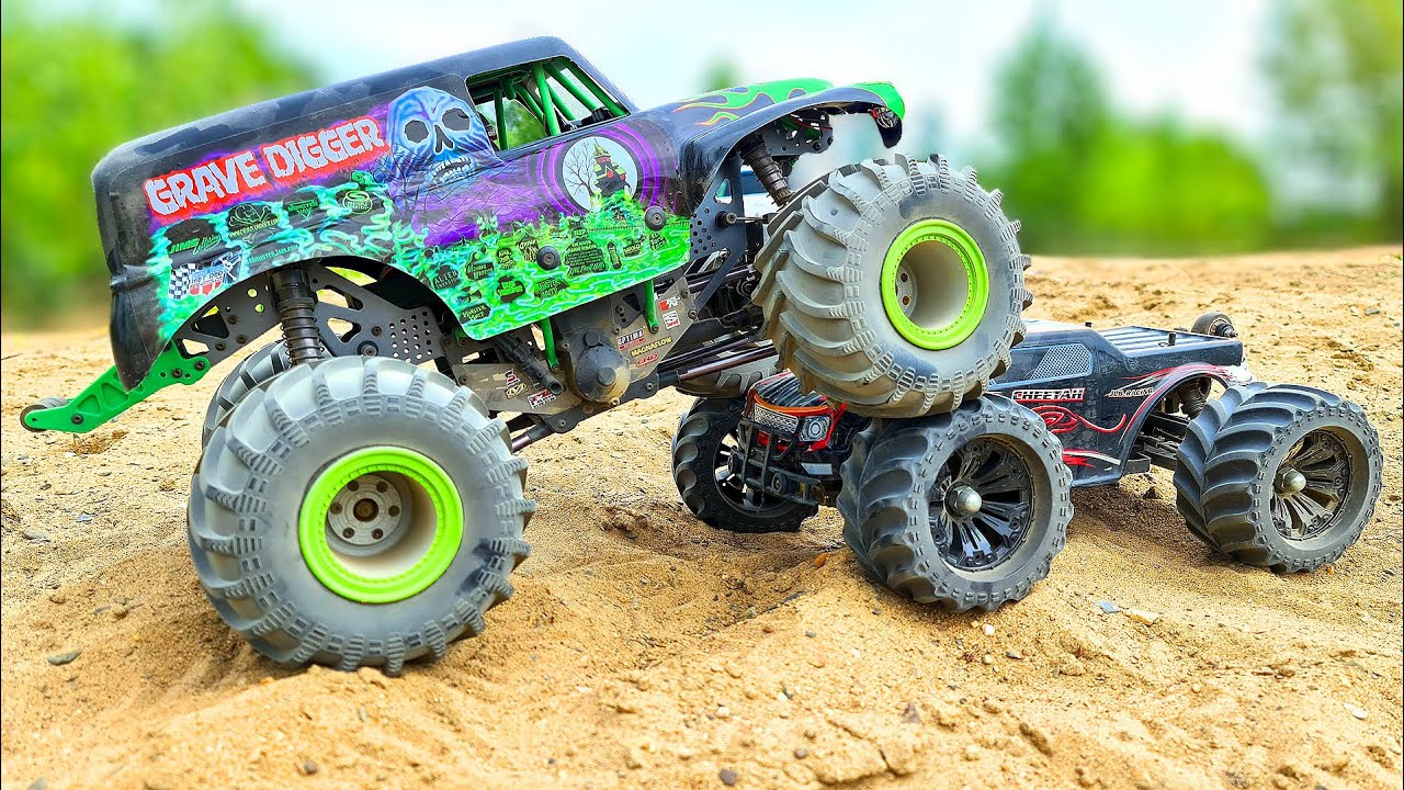 Monster Truck Grave Digger and JLB Racing Cheetah Back Flip, Jumps, Racing, Crashes, Action