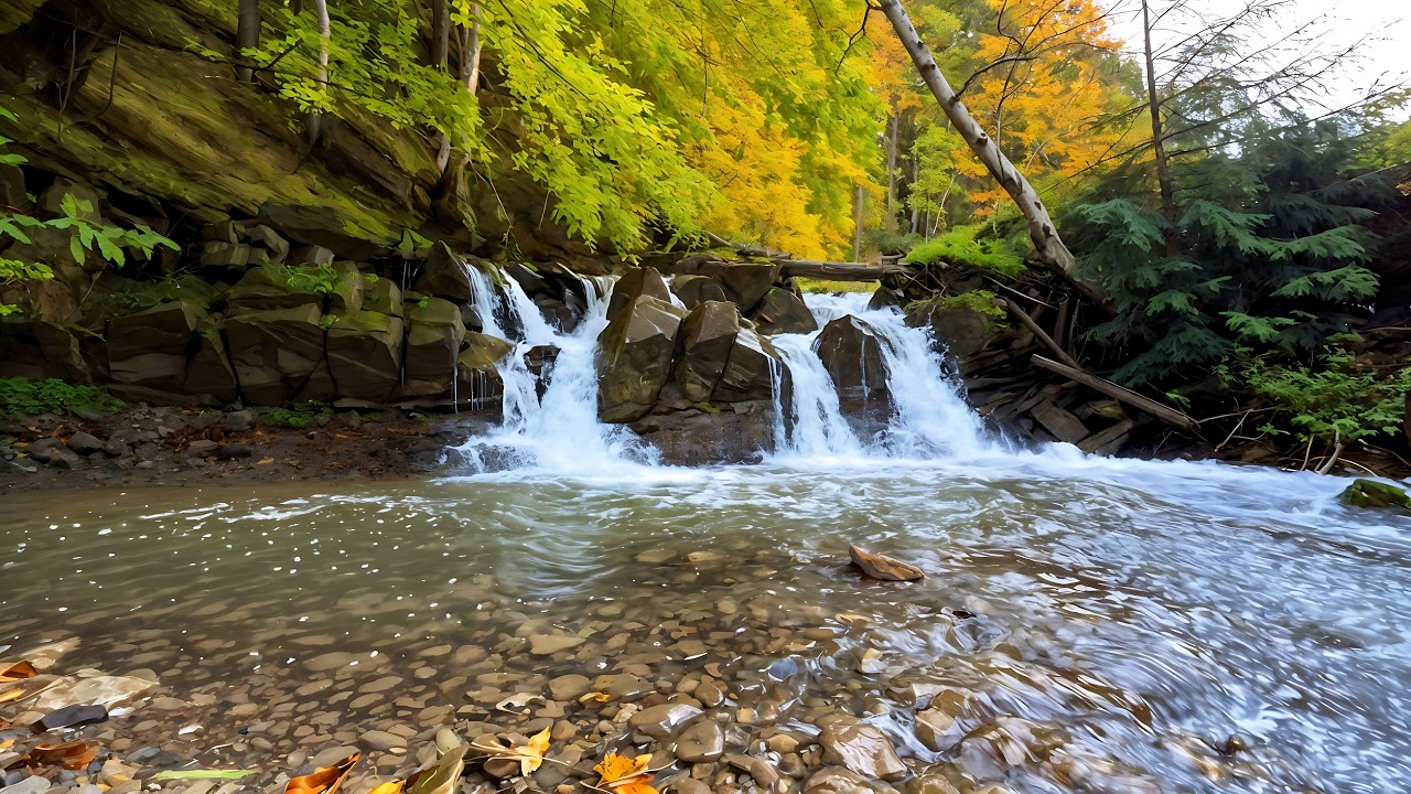 Осенний ручей – Спокойный двойной водопад • Релакс с шумом воды • 24/7