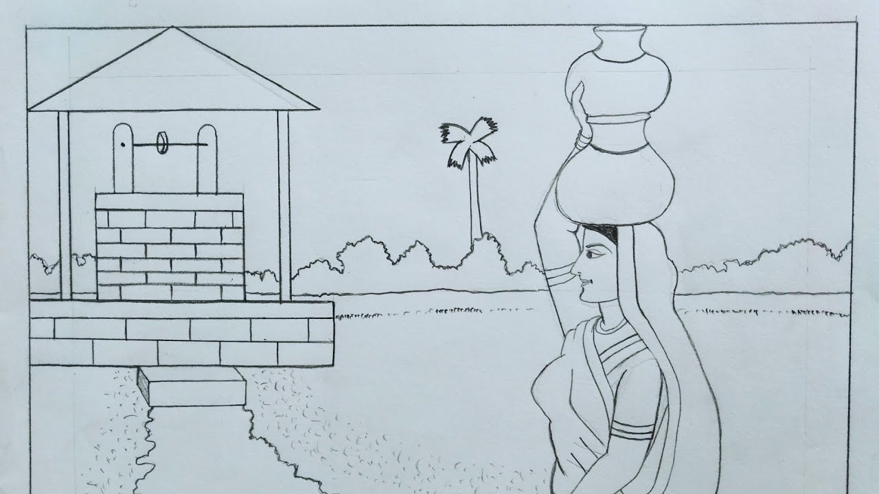 पनघट क चतर बनन सख  How to Draw Village Scenery Women with water  well step by step Very easy  YouTube