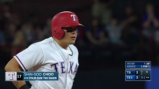 TB@TEX: Choo swipes second base in the 7th inning