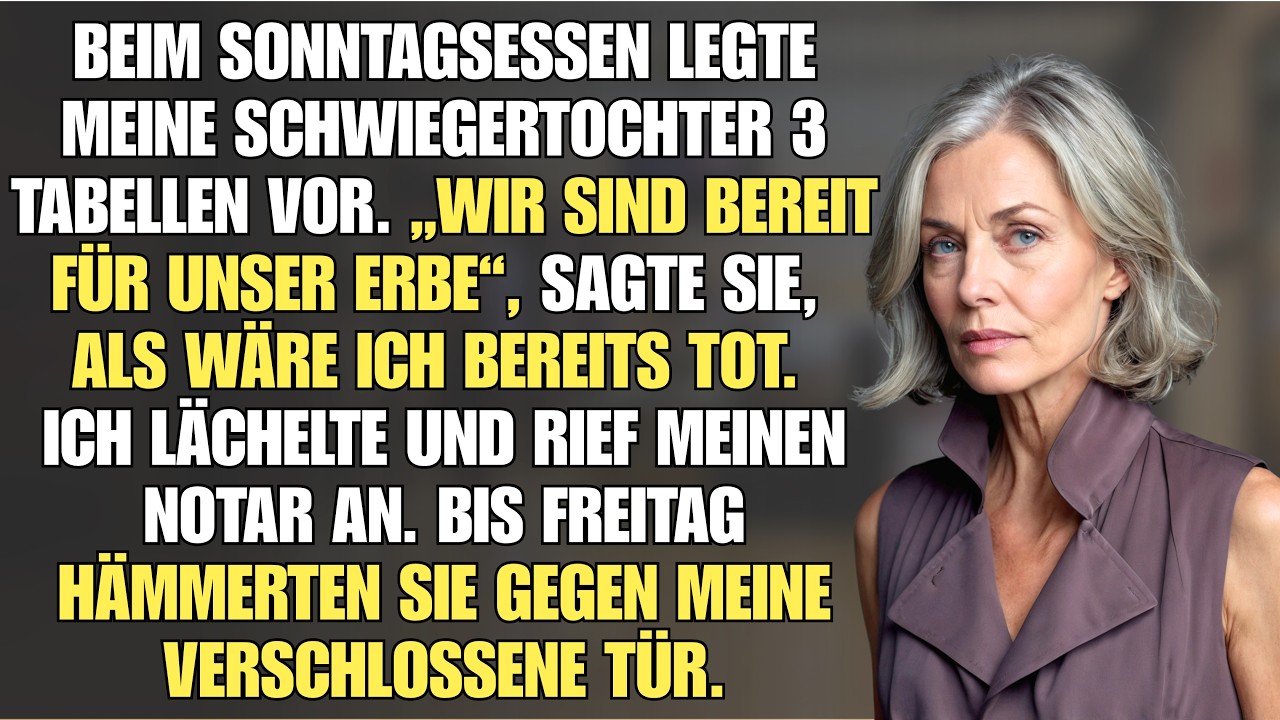 Es war ein ganz normales Sonntagsessen, bis meine Schwiegertochter Saskia drei ausgedruckte Excel-Tabellen vor mich auf den Tisch schob und erklärte, es sei „der klügste Übergang für uns alle“,...