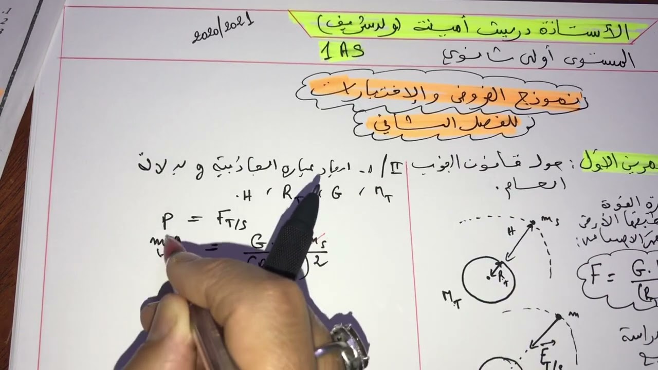 فيزياء سنة اولى ثانوي:نموذج الفروض والاختبارات للفصل الثاني (التمرين الاول حول قانون الجذب العام 😊