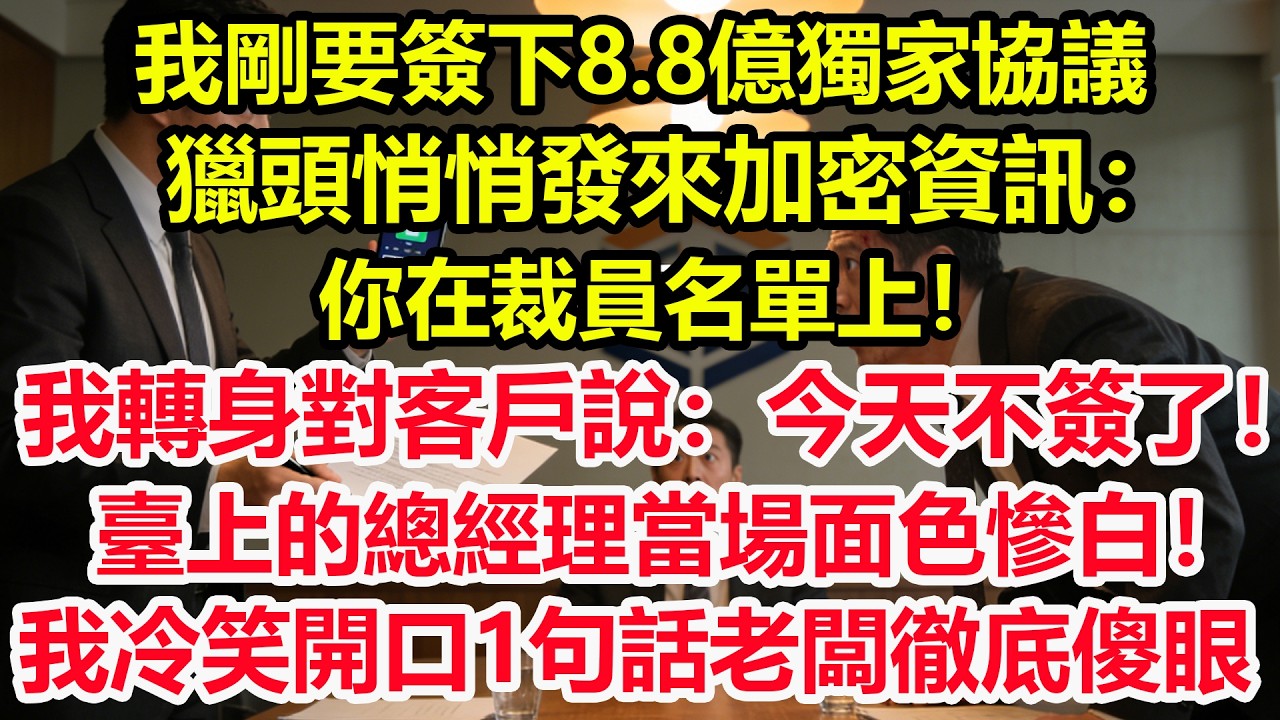 我剛要簽下8.8億獨家協議，獵頭悄悄發來加密資訊：你在裁員名單上！我轉身對客戶說：今天不簽了！臺上的總經理當場面色慘白！我冷笑開口1句話老闆徹底傻眼！#情感 #爽文 #職場 #生活 #總裁
