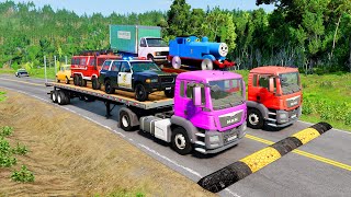 Double Flatbed Trailer Truck vs speed bumps|Busses vs speed bumps|Beamng Drive|4