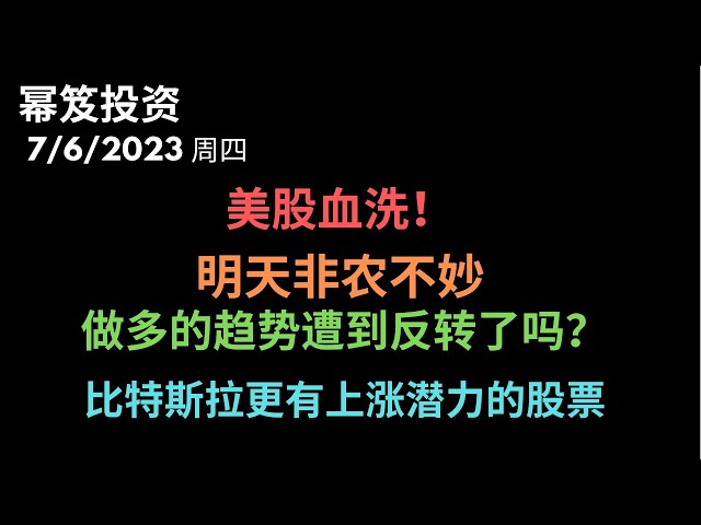 第913期「幂笈投资」7/6/2023 一片血红，美股全员下跌 ｜ 明天非农报告恐怕大幅超过预期 ｜ 美股大盘做多的趋势遭到反转了吗？｜ 木头姐抛售特斯拉，比特斯拉还有上涨潜力的股票 ｜moomoo