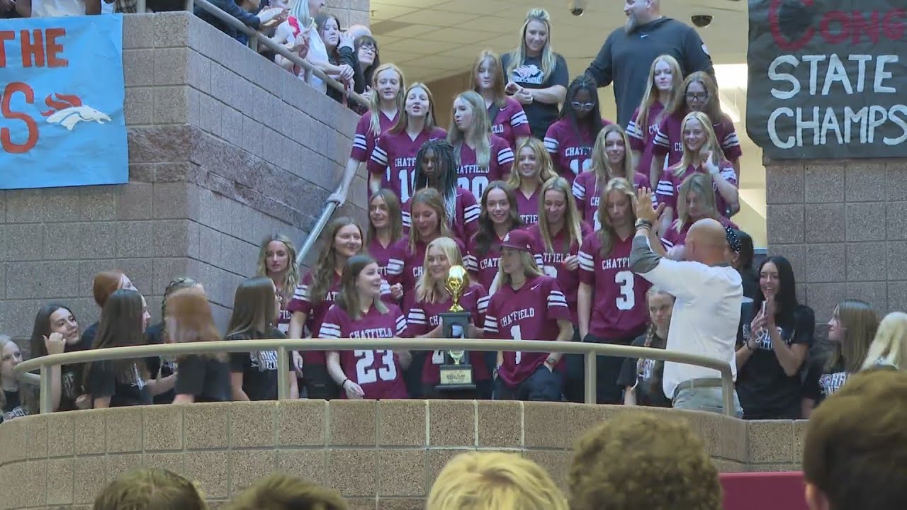 Chatfield High School celebrating state championship in girls flag football