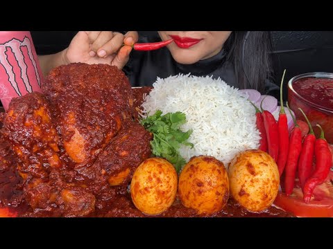 ASMR EATING SPICY WHOLE CHICKEN CURRY,SPICY EGG CURRY,RED CHILLI,RICE *FOOD VIDEOS*