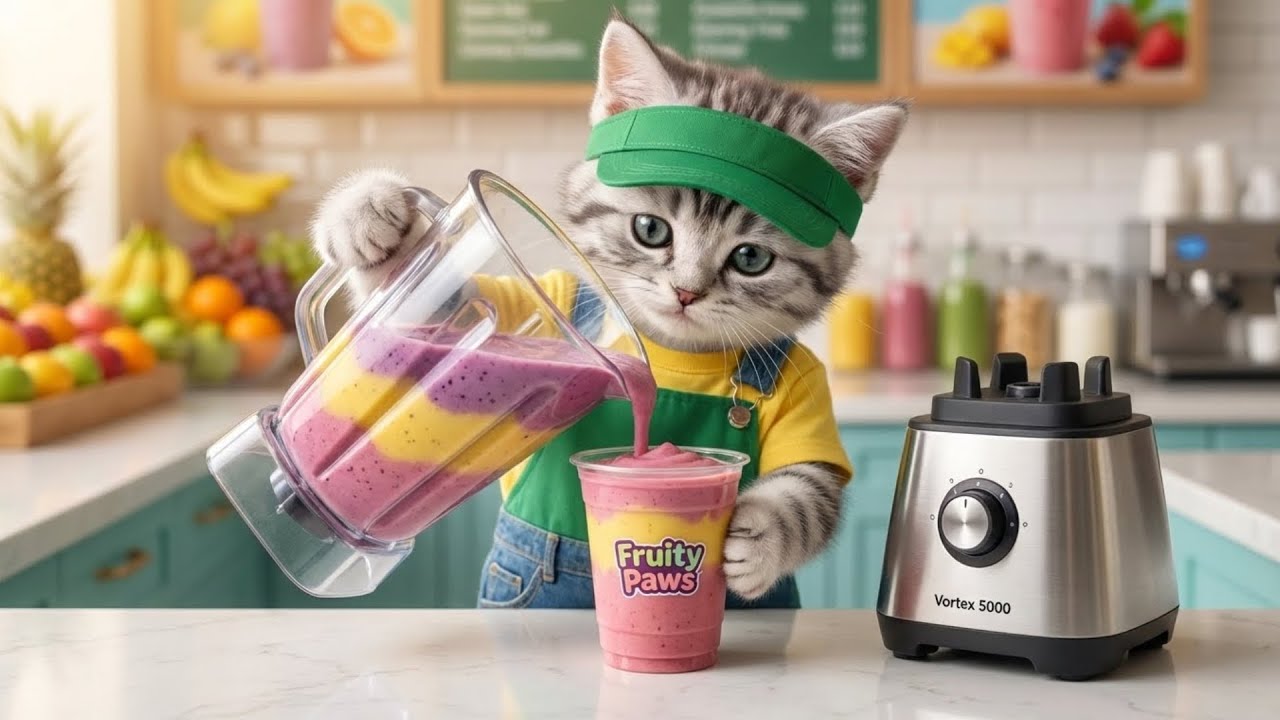 いらっしゃいませ!!フルーツスムージー屋で初バイト!!ねこの一日に密着🐱🥤