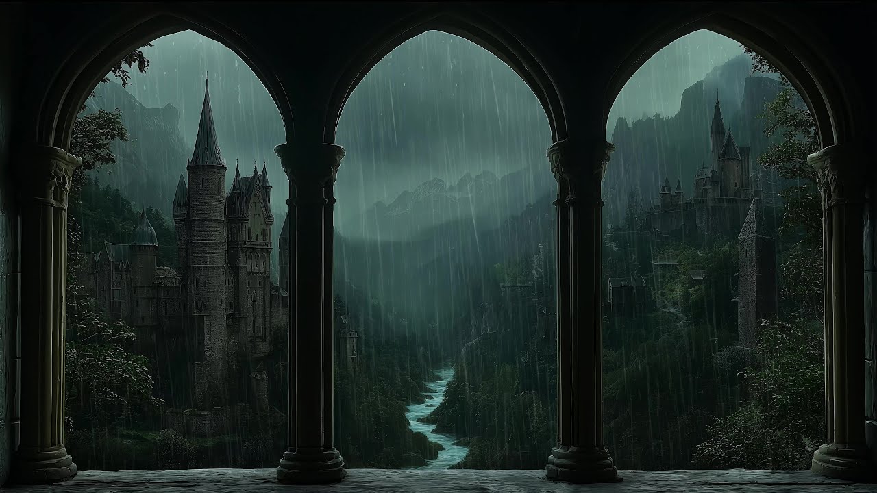 Cozy Rain and Thunderstorm in Castle Window with Flow River - Ambience, Reading, Sleep