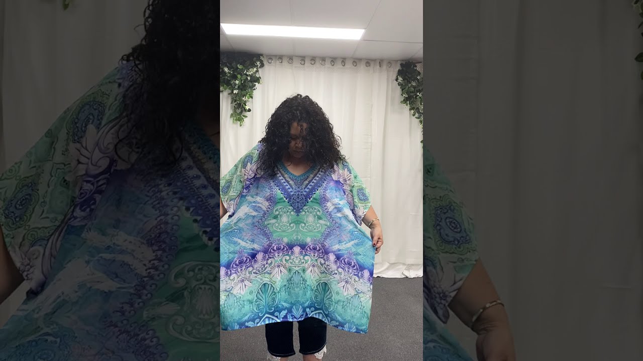 Blues Abstract Print Kaftan Top With Crystals - CK652F