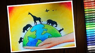 How to draw save wildlife (Biodiversity) poster with oil pastel - step by step