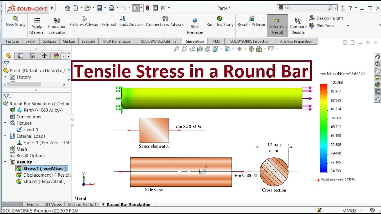 Solidworks simulation | Tensile stress in a round bar - YouTube