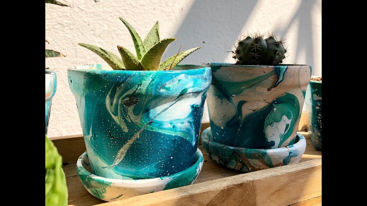 เพ้นท์กระถางต้นไม้ลายหินอ่อนง่ายๆด้วยตนเอง / How To Make Nail Polish Marbled Flower Pots.