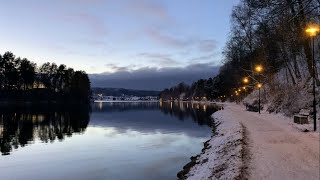 Snowy walk along Lake Siljan to charming village Leksand in Dalarna, Sweden (4K, natural sound)