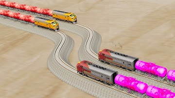 Impossible Four Sharp Turn Overlapping Rail Tracks Vs Trains Crossing - BeamNG.Drive