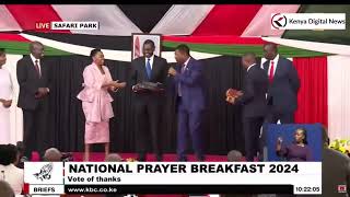 Cheers as Wetangula Presents Bibles to President Ruto and DP Gachagua at National Prayer Breakfast