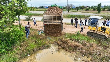 Wonderful New Project !! Landfill By Bulldozer D20P & Dump Truck 5ton Push Soil Into Flooded