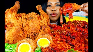 CRISPY FRIED WHOLE ROTISSERIE CHICKEN MUKBANG CHEESY SPICY NOODLES NUCLEAR FIRE SAUCE | ASMR EATING