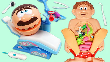 Mr. Play Doh Head Toy Hospital Doctor Checkup for Tummy Ache and Toy Dentist Visit!