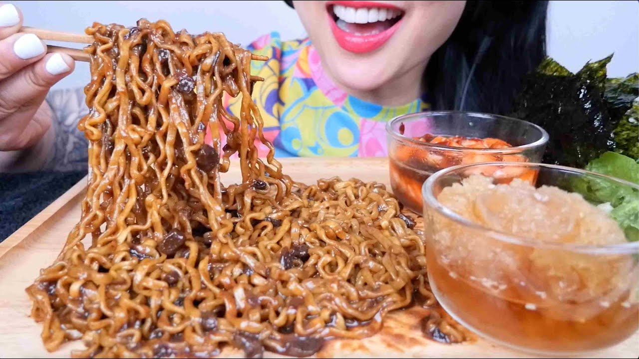 BLACKBEAN NOODLES + SALMON SASHIMI + JELLY (ASMR EATING SOUNDS) NO TALKING | SAS-ASMR