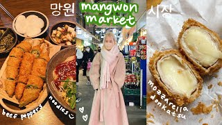 mangwon market korean street food 🇰🇷 donkatsu, ice cream marshmallow, chicken gangjeong, beef pepper