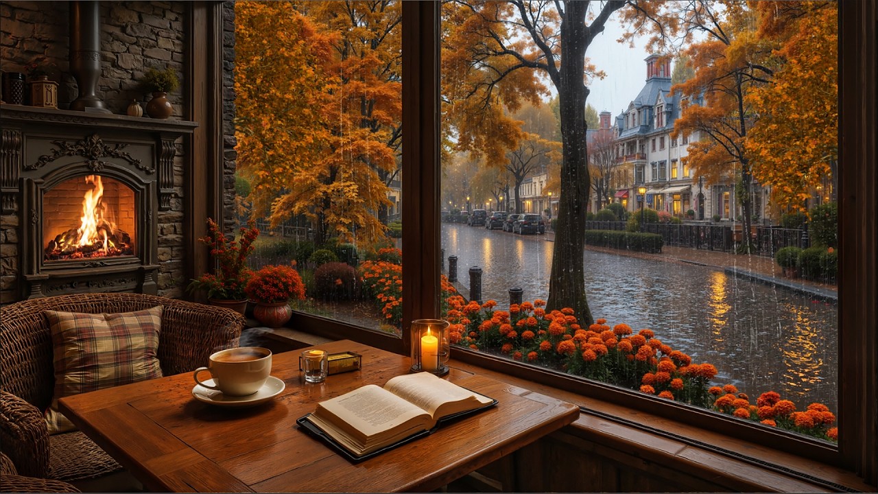 Smooth Jazz Background Music 🍂 Rainy Coffee Shop Ambience & Rain Sounds ...