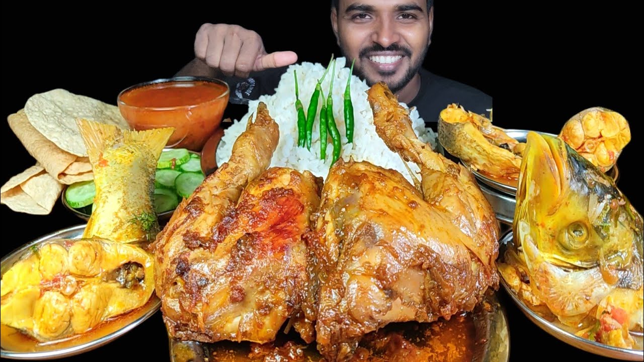 Eating Boiled Fish Curry with Rice | Spicy Chicken Leg Curry, Chilli & Papad Mukbang