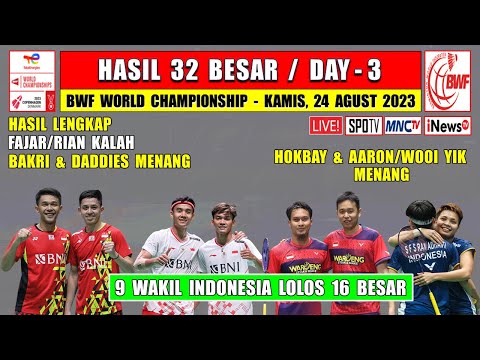 Hasil Lengkap BWF World Championship 2023 Hari Ini Day 3 ~ BAKRI Menang FAJRI Kalah ~ 9 Wakil Ke R16