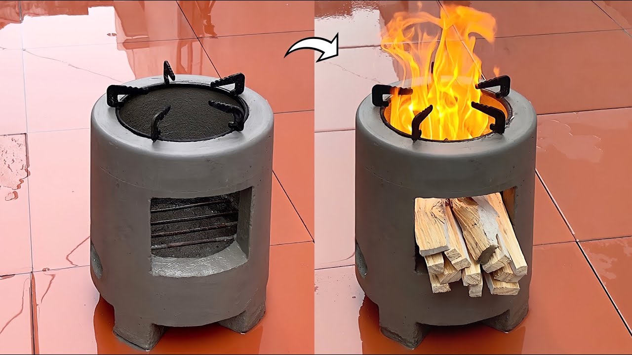 The idea of making a wood stove from a plastic barrel and cement - Wood stove saves firewood