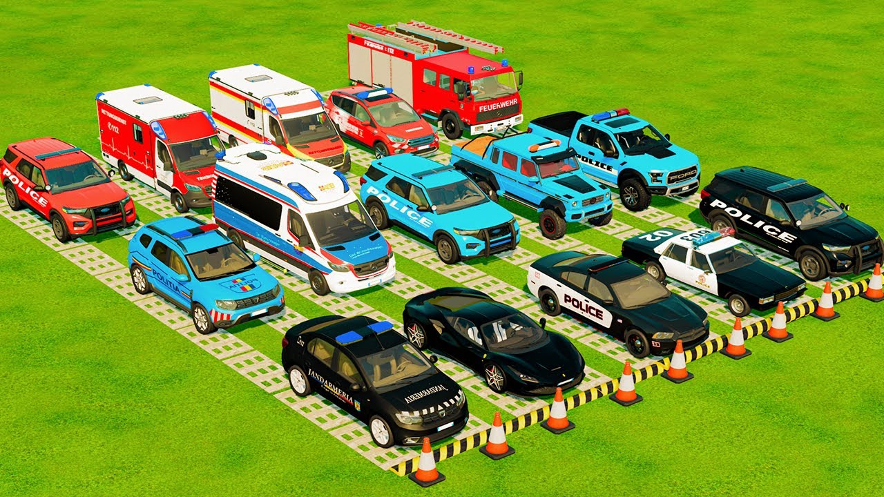 TRANSPORTING POLICE CARS, AMBULANCE, FIRE TRUCK, COLORFUL CARS WITH TRUCK -FARMING SIMULATOR 22!