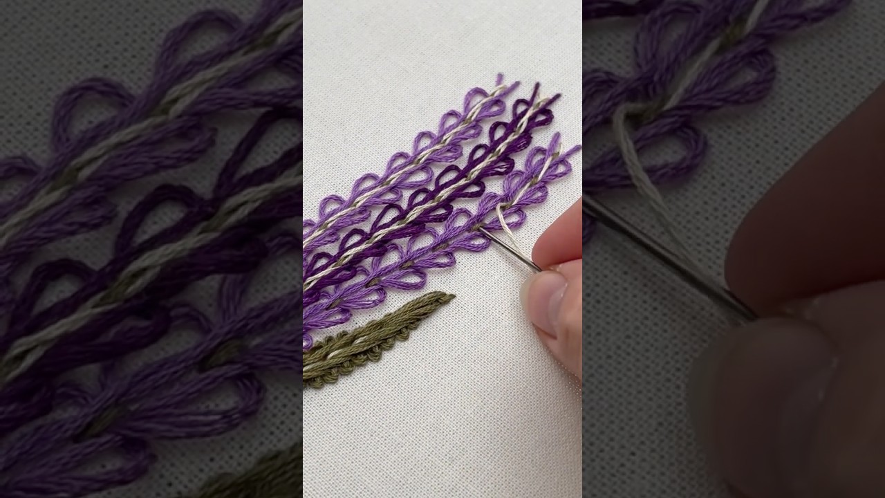 Unique Hand Embroidery Lavender Design with Looped Running Stitch