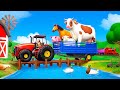 Farm animals transporting train  tractor  cow horse sheep pigs  farm diorama 3d farm cartoons