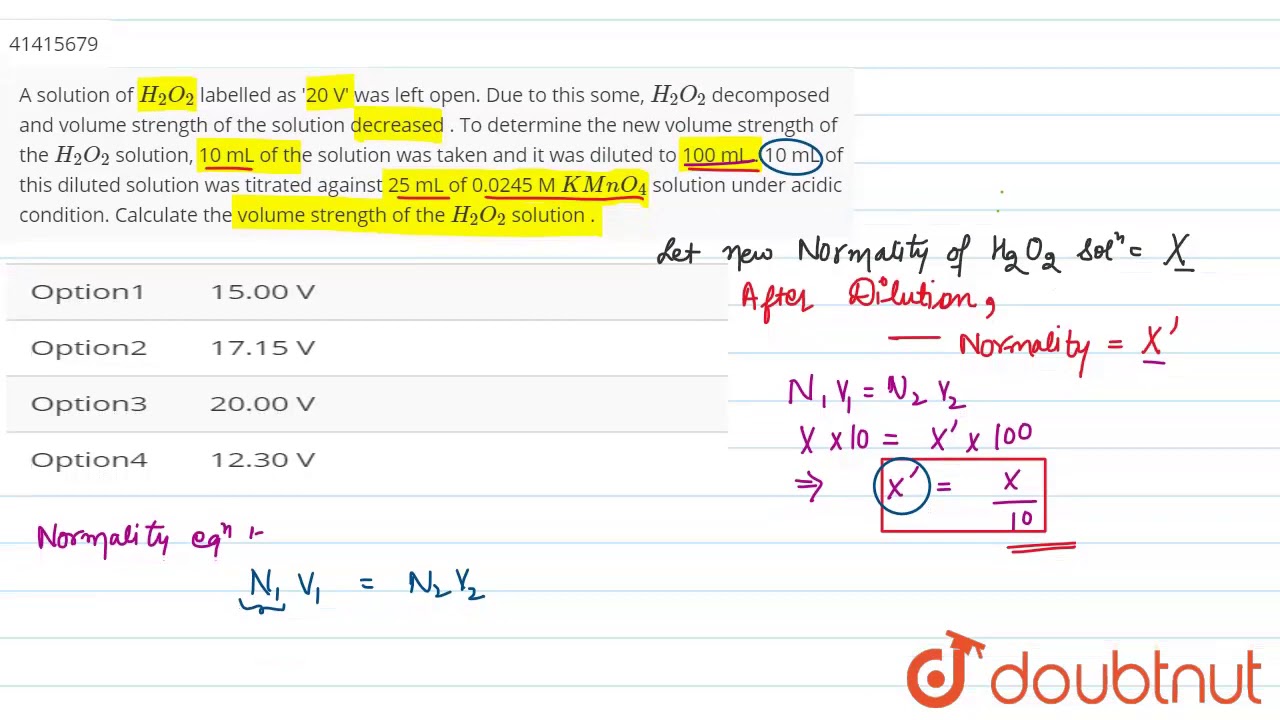 A solution of `H_(2)O_(2)` labelled as '20 V' was left open. Due to this some, `H_(2)O_(2)`