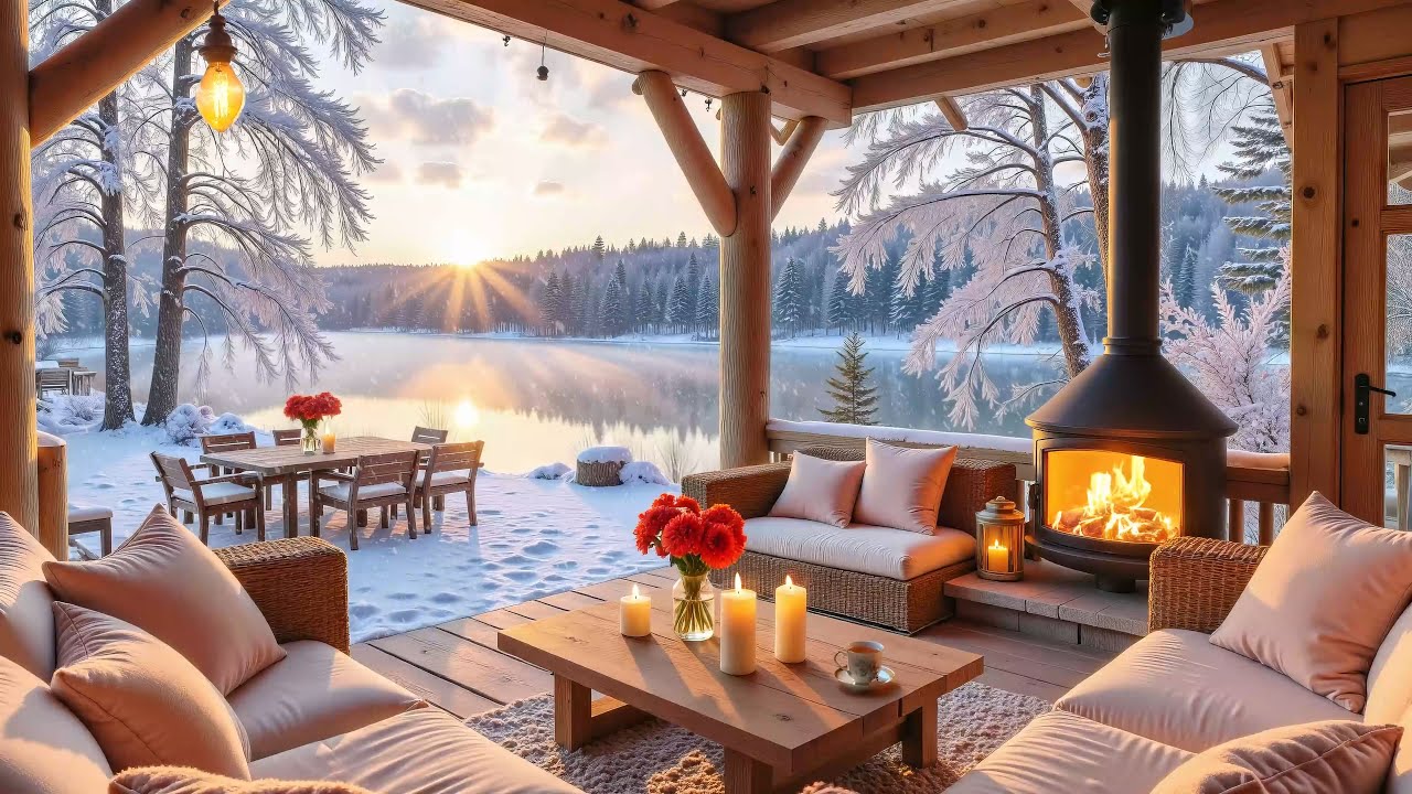 Snow Falling Piano Music by the Lake ❄️ Fireplace Sounds & Winter Nature Ambience for Stress Relief