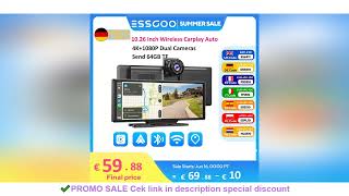 ESSGOO 10.26" Wireless CarPlay & Android Auto Dash Cam ADAS 4K DVR Bluetooth Audio AUX GPS Navigatio