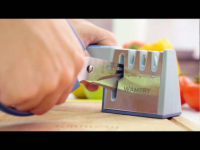 Wamery Knife and Scissors Sharpener 4-Stage. Repairs, Restores, & Polishes  Blades of Any Hardness. Ergonomic Handle & Anti-Slip Safe Pads. Kitchen