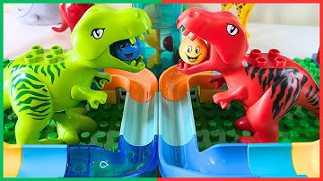 Dueling Dinosaur Insane Marble Run Block Coaster Curvy Slope Course! Satisfying Marble Run ASMR