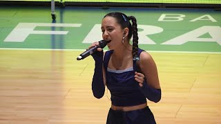 Sezin performing "Don't Go Yet" by Camila Cabello at the Halftime Show for FRAPORT SKYLINERS