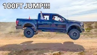 WE JUMPED THE FORD RAPTOR 100 FEET!!! *Bad Idea* WE JUMPED THE FORD RAPTOR 100 FEET!!! *Bad Idea*