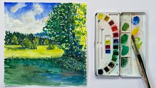 Aquarell malen lernen, Teil 3: Die Grüntöne und eine einfache Landschaft malen (absolute Anfänger)