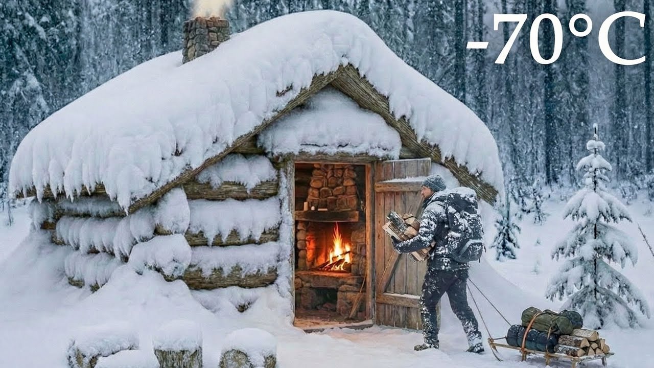 Surviving Winter SNOWSTORM in an Off Grid Log Cabi