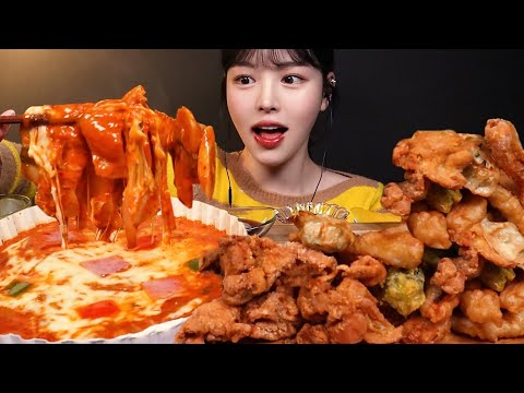 辛いキムチトッポッキにカリカリのフライドチキン、餃子、イカフライモッパン mukbang ASMR