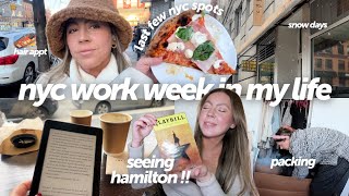 snowy week in my life wfh in nyc: moving prep, finally seeing Hamilton, going away party, hair appt