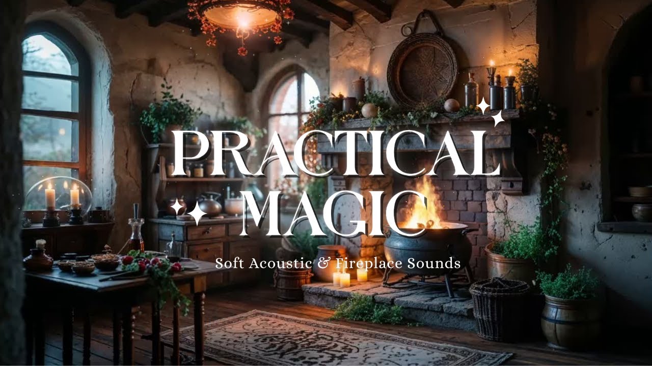 Practical Magic Ambience — Cozy Fireplace & Acoustic Guitar for Relaxation, Sleep, Study