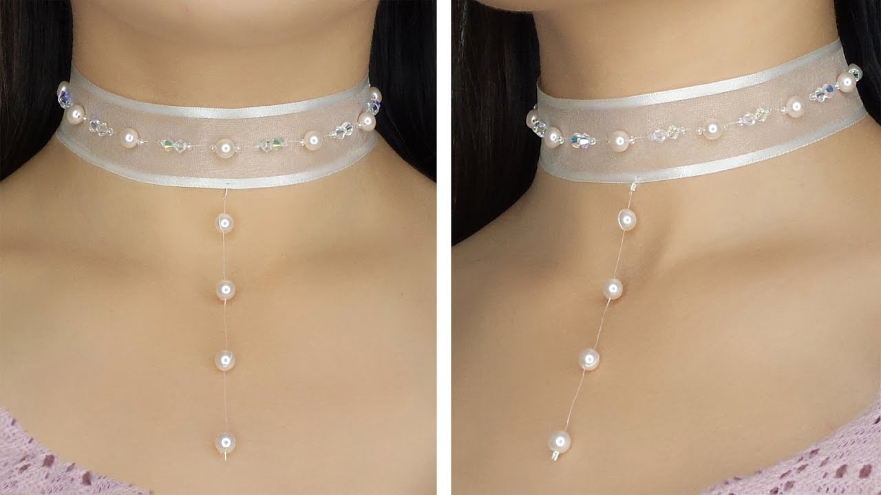 How to Make Princess Style Ribbon Choker Necklace with Crystals and  Floating Pearls 